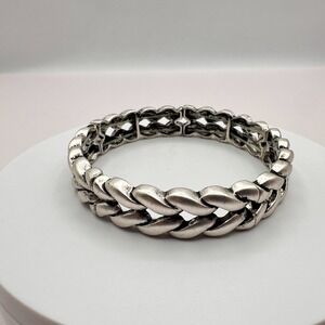 Vintage Y2K Silver Tone Braided Wide Cuff Stretch Bracelet Statement 90s